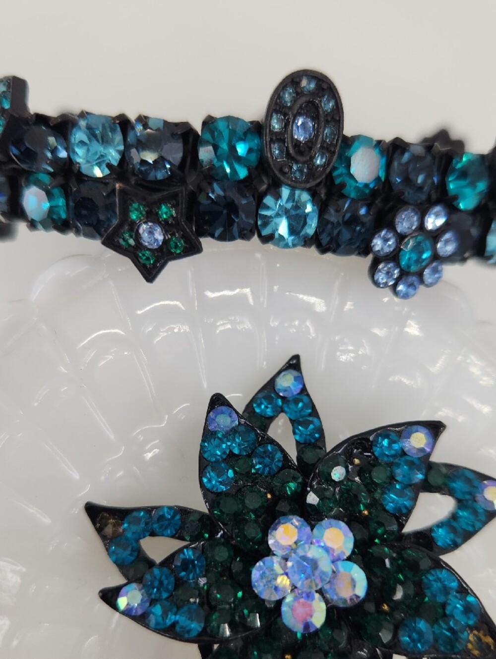 Matching Blue Crystal Flower Hair Comb and Stretch Bracelet
